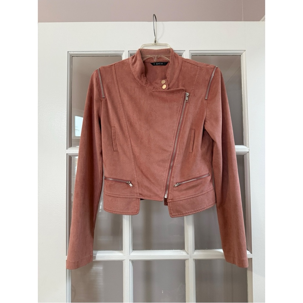 SHEIN Pink Faux Suede Moto Jacket